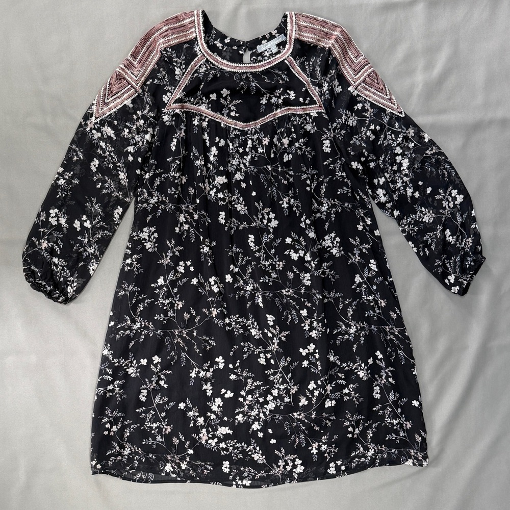 NWOT Anthropologie Floral Dress Plus Size 1X Black Boho Loose Fit Embroidered
